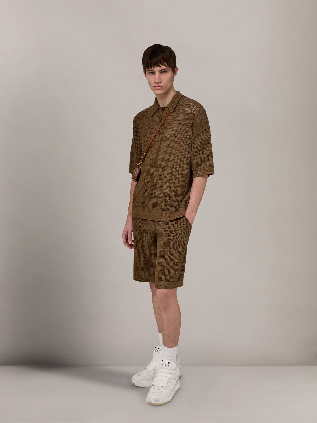 AMIRI CROCHET MESH POLO - Espresso