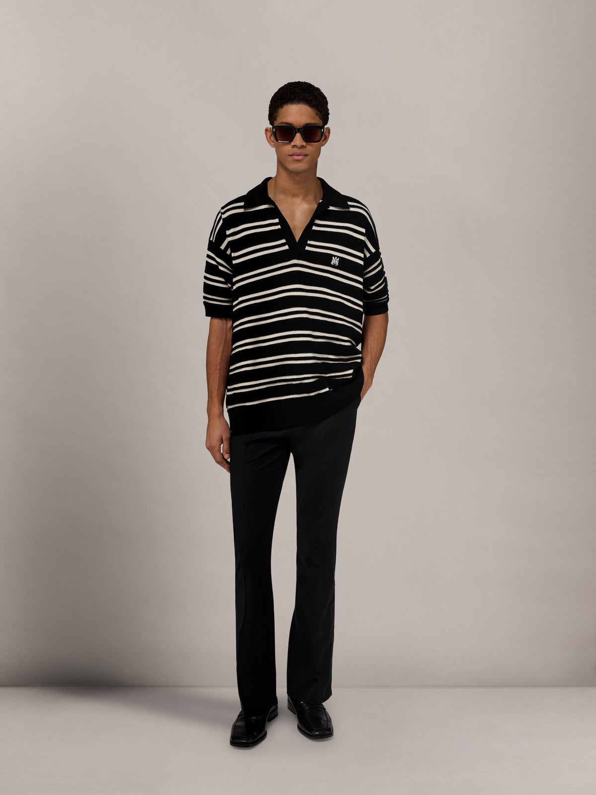 MA STRIPE KNIT SS POLO - Black