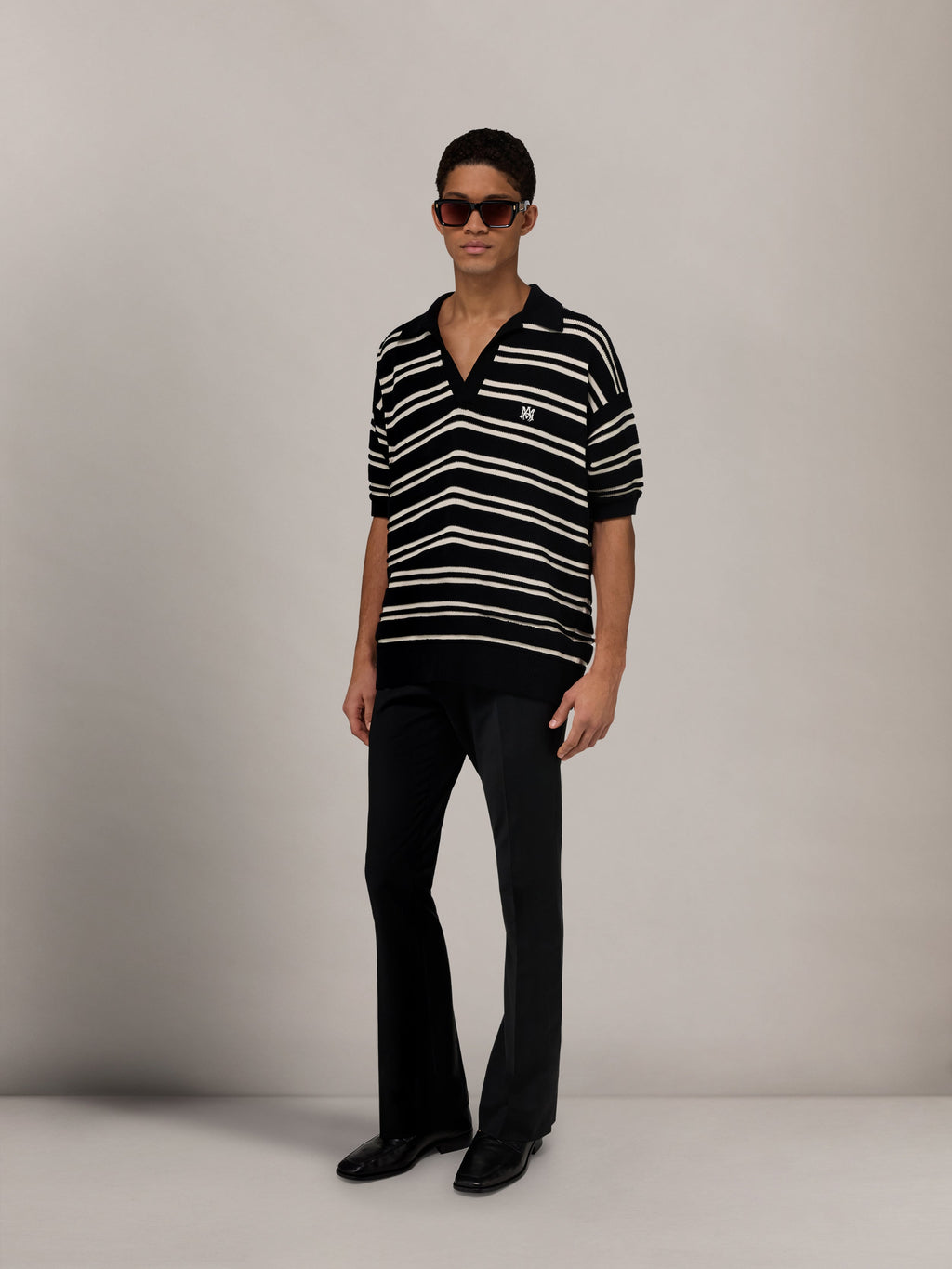 MA STRIPE KNIT SS POLO - Black