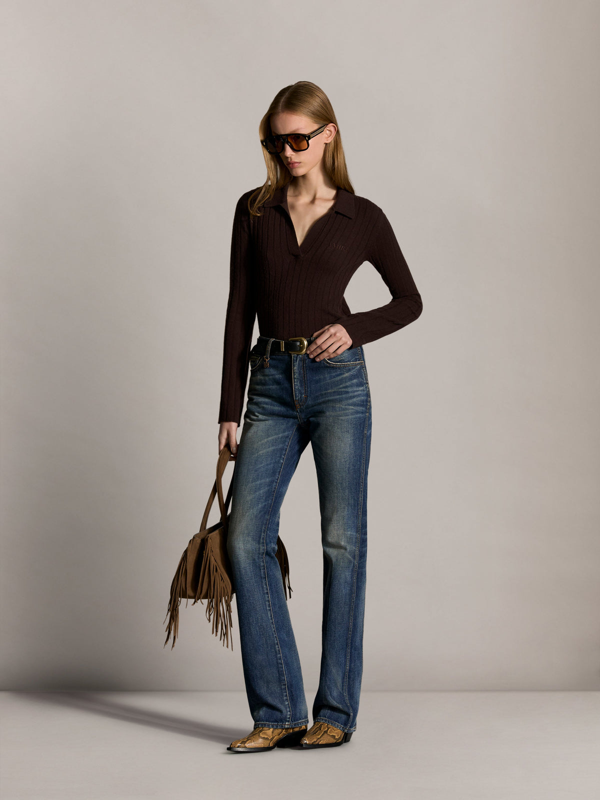 WOMEN - WOMEN'S AMIRI SOFT RIB KNIT POLO - Husk