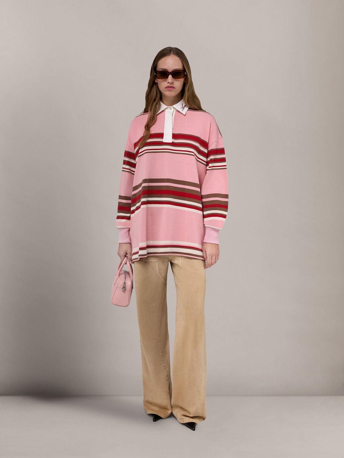 WOMEN - WOMEN'S STRIPED OVERSIZED LONG SLEEVE POLO - Pink