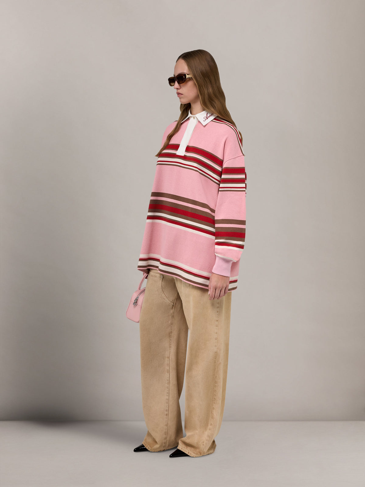 WOMEN - WOMEN'S STRIPED OVERSIZED LONG SLEEVE POLO - Pink