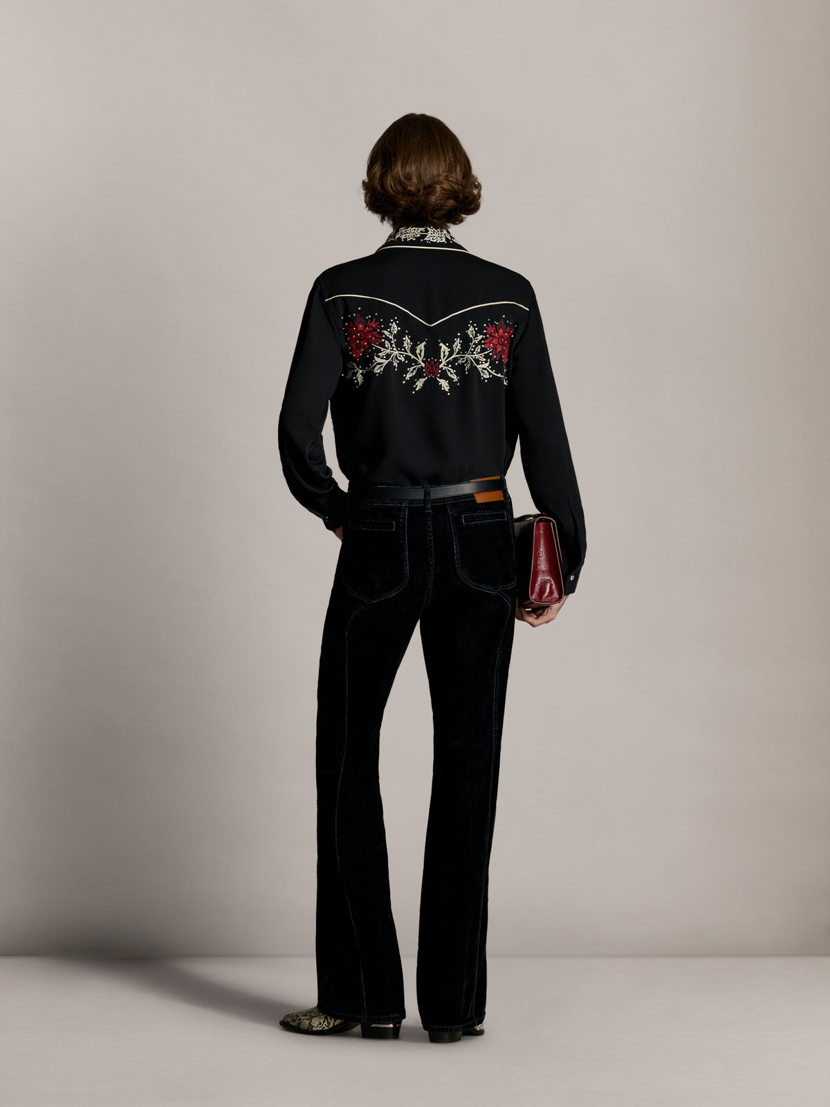 EMBELLISHED FLOWERS LONG SLEEVE SHIRT - Black