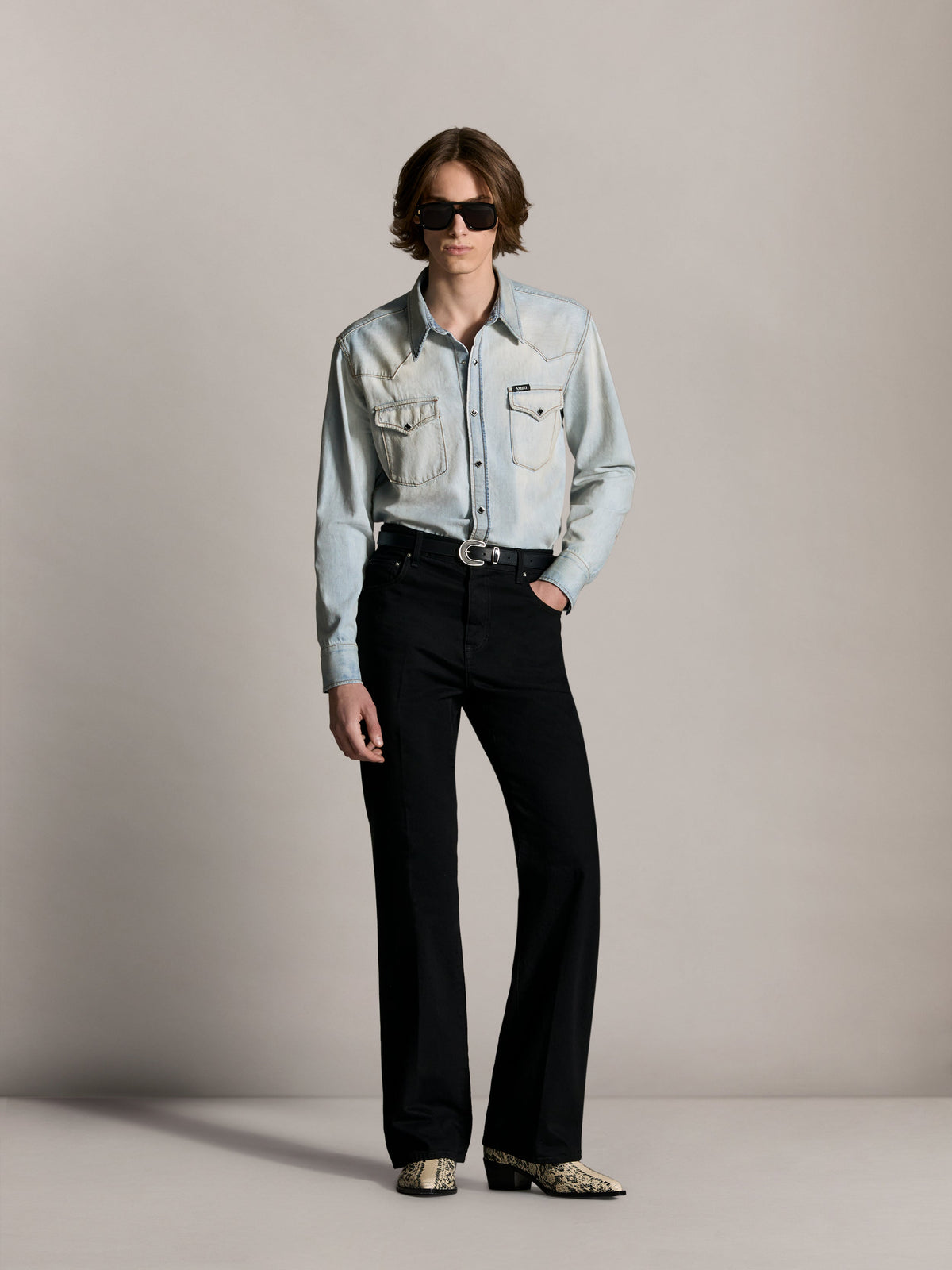 WESTERN DENIM LONG SLEEVE SHIRT - Snow Indigo
