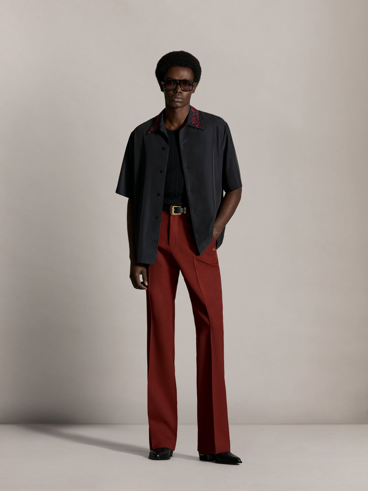 REGULAR FIT FLORAL COLLAR SHIRT - Black
