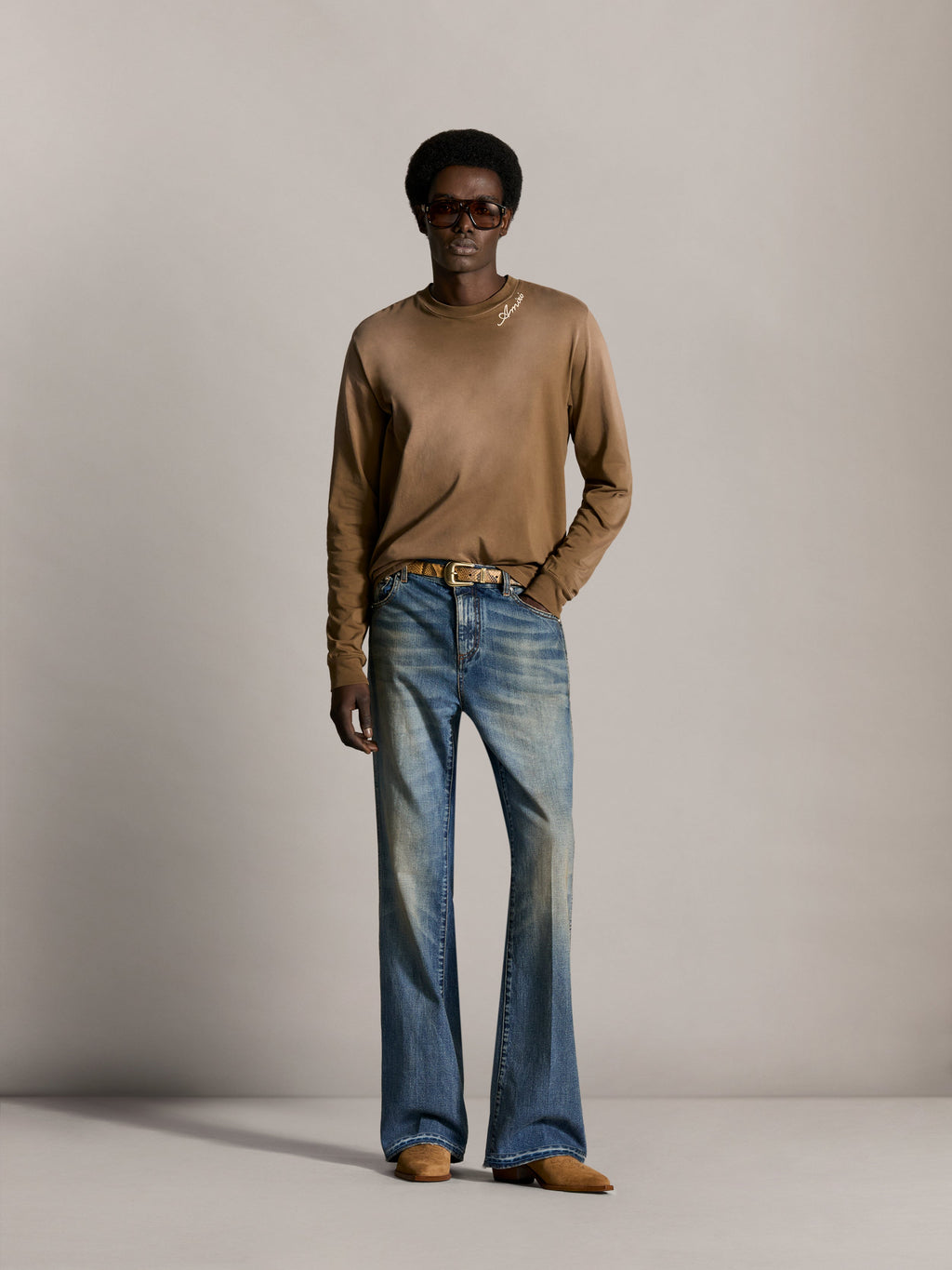 AMIRI SCRIPT OVERSIZED LONG SLEEVE TEE - Coffee