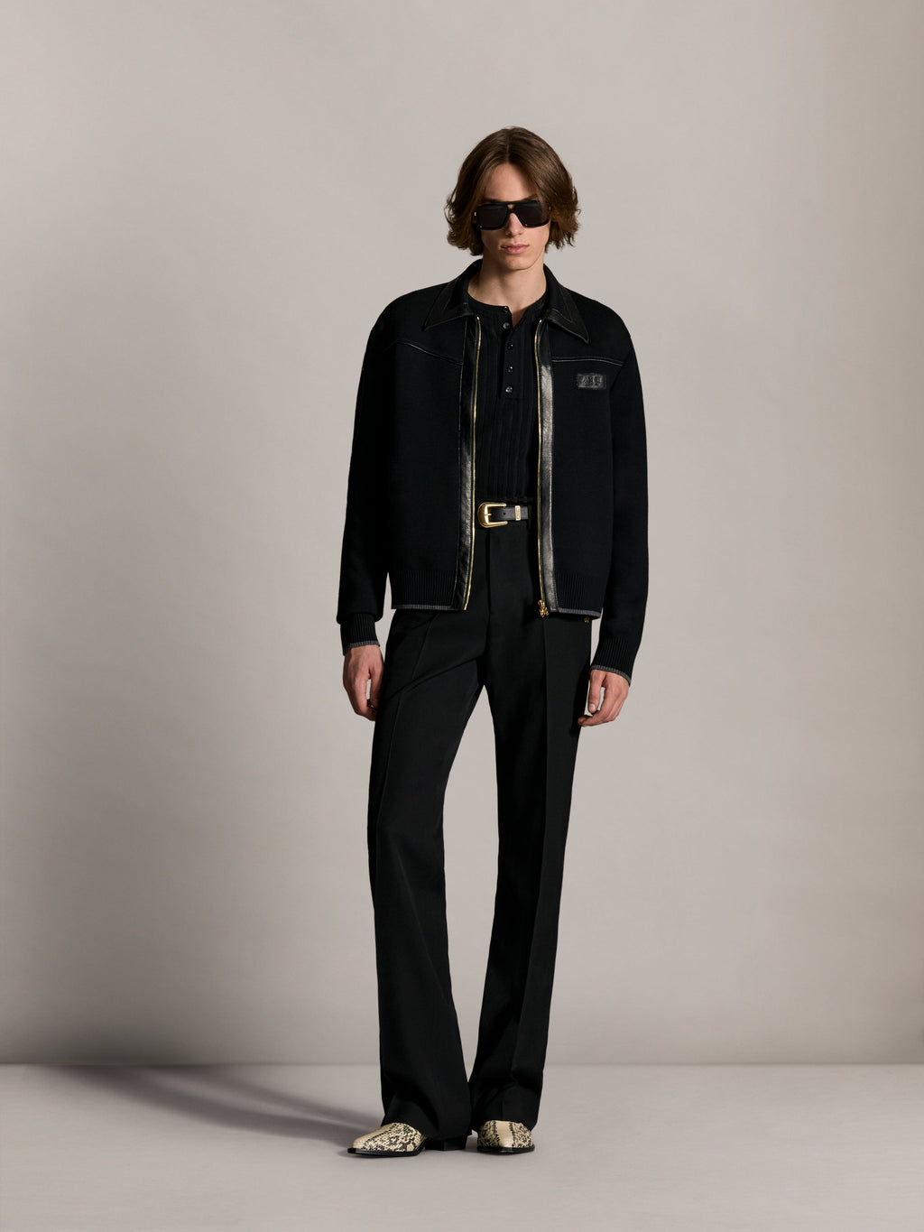 LEATHER TRIM ZIPPED BLOUSON - Black