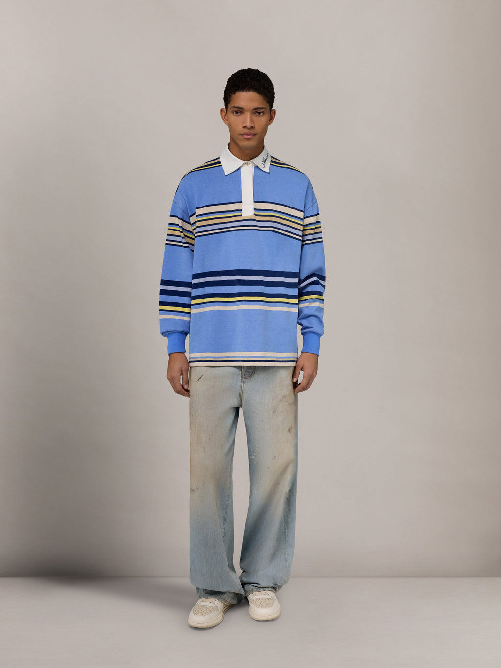 STRIPED OVERSIZED LONG SLEEVE POLO - Blue